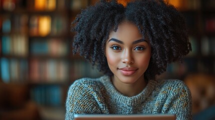 Smiling African American woman in cozy sweater using digital tablet with blank screen for advertising in a library setting
