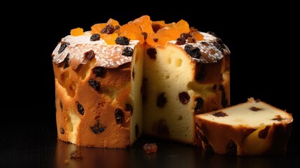 Artisan panettone with dried fruits and icing sugar on a dark background showcasing a slice revealing its rich texture and flavors