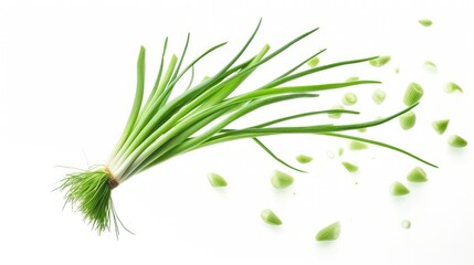Falling fresh green onions with chopped segments on a clean white background for culinary concepts and healthy eating visuals