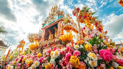 Obraz premium Elaborate floral float with deity statue in vibrant colors under a partly cloudy sky.
