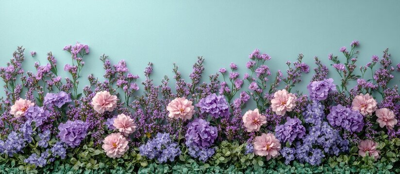 Spring floral border of soft purple and pink blooms on a light green background perfect for special occasions and customizable text space.