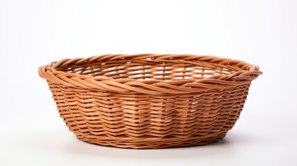 Empty woven wicker basket with intricate design displayed on a clean white background ideal for home decor or storage concepts