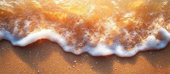 Aerial view of shimmering golden beach sand and gentle ocean waves at sunset creating a serene...