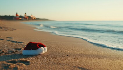 Obraz premium A Christmas Hat Abandoned on a Sandy Beach at Dawn A Serene Coastal Christmas Morning Scene