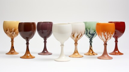 Earthenware wine glasses in assorted colors elegantly arranged on a minimalist white background for creative beverage presentations