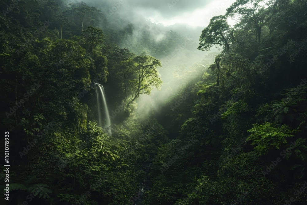 Poster a serene jungle scene featuring a waterfall, surrounded by lush greenery and ethereal light breaking