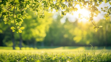 Obraz premium Lush spring scenery with vibrant green foliage and sunlit wild grass creating a serene and peaceful natural environment.