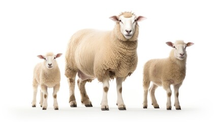 Fototapeta premium Sopravissana sheep with adorable lambs standing together against a clean white background showcasing their natural beauty and domestic charm