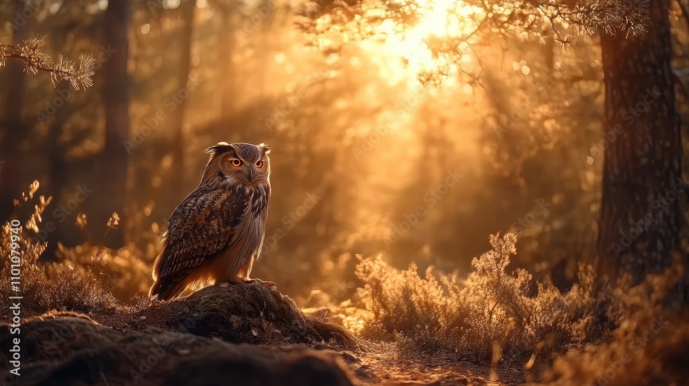 Poster a majestic owl perched in a forest, basking in warm sunlight that filters through the trees, creatin