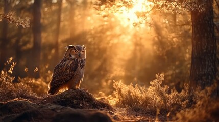 A majestic owl perched in a forest, basking in warm sunlight that filters through the trees, creating a magical, tranquil atmosphere.