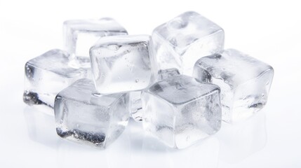 Crystal clear ice cubes arranged artistically on a pristine white background for beverage and culinary presentation concepts