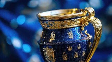 Glistening golden trophy against a shimmering blue background, representing victory and excellence in sports accomplishments.
