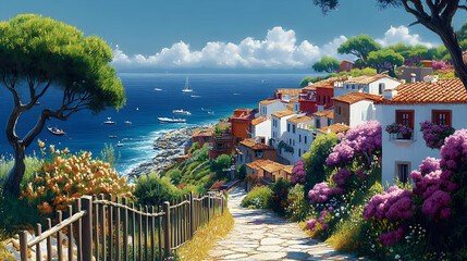 Naklejka premium Coastal Village Path Descends to the Sea, Sunlit Houses and Vibrant Blossoms Adorn the Scenic Route