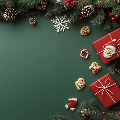 template cover for advertising , marketing, product on Christmas day, New Year's background with Christmas decor on a green background.