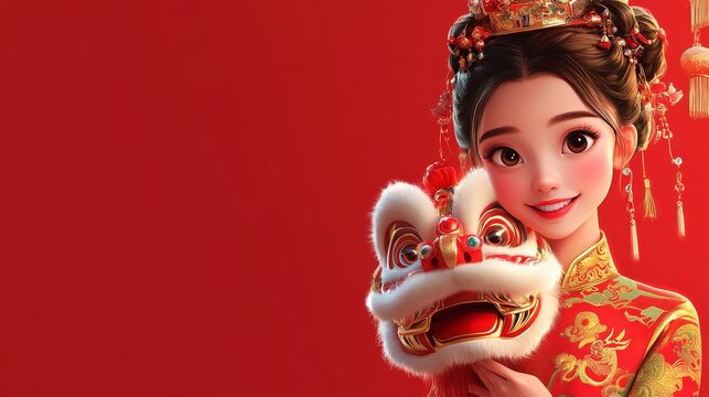 Beautiful young woman in traditional Chinese attire holding a lion dance mask, celebrating Lunar New Year, 3d character cartoon style