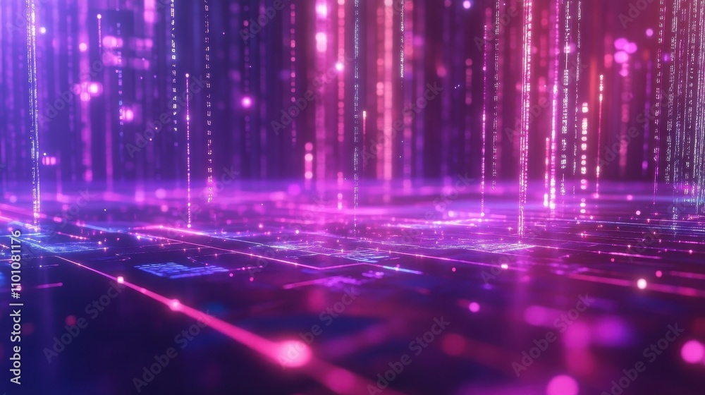 Poster abstract digital landscape with vibrant lines and particles, representing technology and data flow.