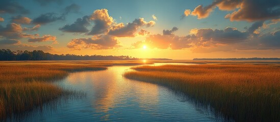 Obraz premium Tranquil coastal sunset over salt marshes reflecting vibrant colors in calm waters and lush grasses under a dramatic sky