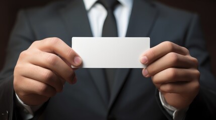 Fototapeta premium Close up of a businessman displaying a blank visiting card wearing a formal suit in a professional setting