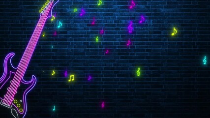 neon guitar and musical notes on brick wall animation,neon lights colorful live music night and party, bar and concert motion background	