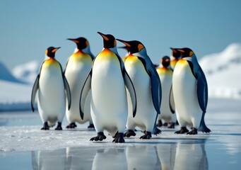 Fototapeta premium Group of penguins walking on ice in a cold, snowy environment