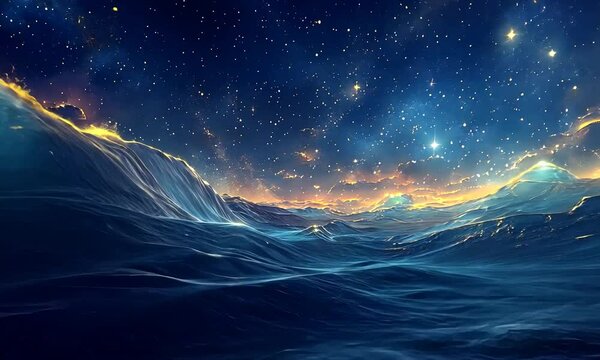 A stunning digital artwork depicting a cosmic ocean scene, with vibrant waves under a starry sky, blending elements of nature and the universe.