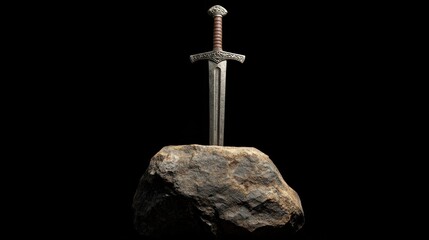Sword embedded in a large stone reflecting the Excalibur legend, symbolizing mythical power with ornate details on the hilt and a rugged stone base.