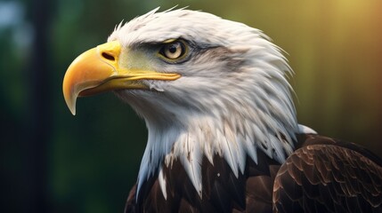 Obraz premium Majestic bald eagle perched with a striking gaze showcasing its powerful presence in a natural environment
