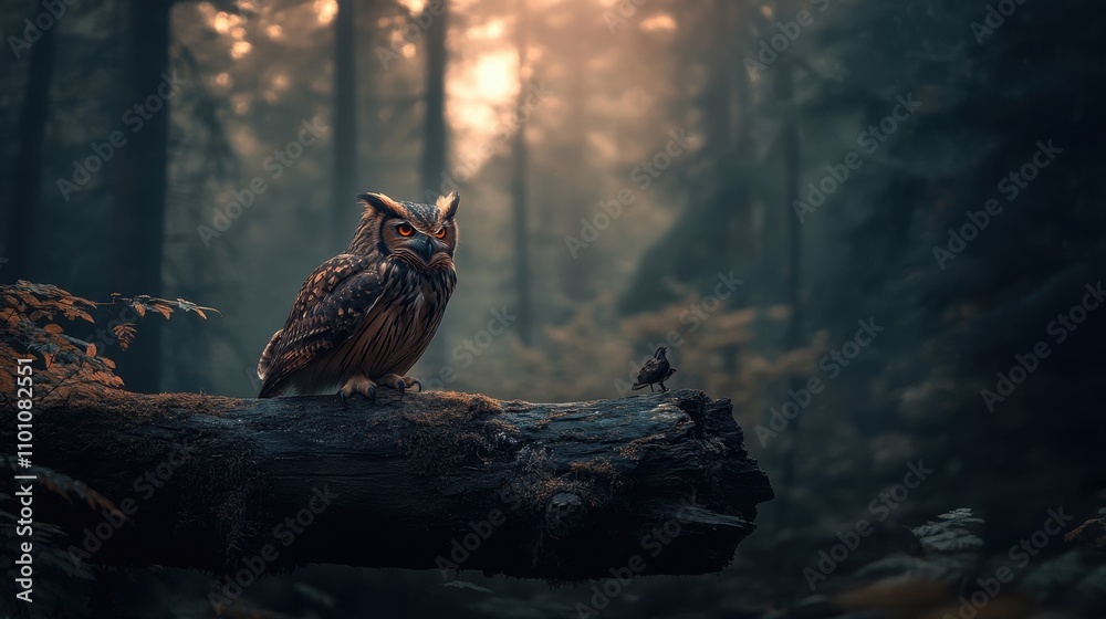 Poster A majestic owl perched on a log amidst a misty forest, with soft sunlight filtering through the trees, creating a mystical atmosphere.