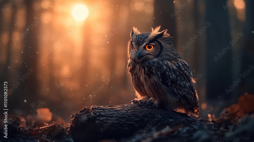 Poster a majestic owl perched on a log, illuminated by warm sunlight filtering through a serene forest back