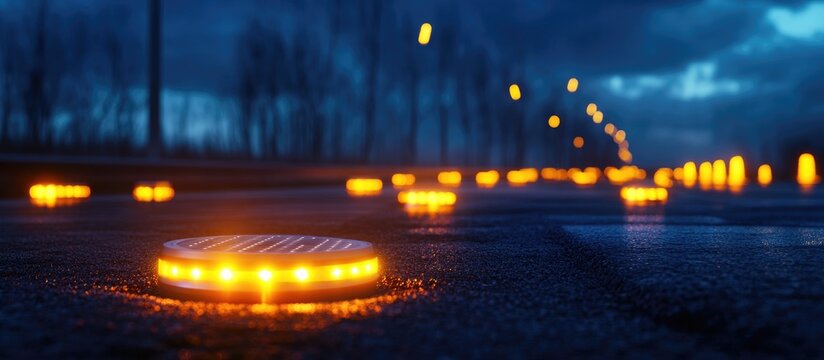 Night view of solar road stud markers illuminating an asphalt highway showcasing innovative solar energy infrastructure and road safety technology.