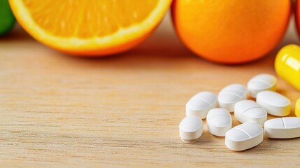 A vibrant composition featuring colorful fruits alongside various dietary supplements on a wooden surface.