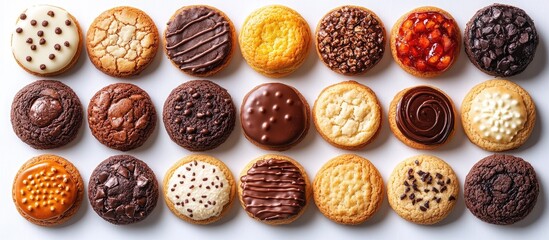 Assorted gourmet cookies on white background arranged in a visually appealing pattern showcasing diversity in flavors and textures.