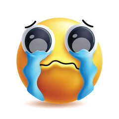 Fototapeta premium Sob emoji clipart character. 3d emoji facial expression in pain, grief, tear eyes, sorrowful, unhappy and sad clipart yellow icon elements in white background. Vector illustration crying emoticon. 
