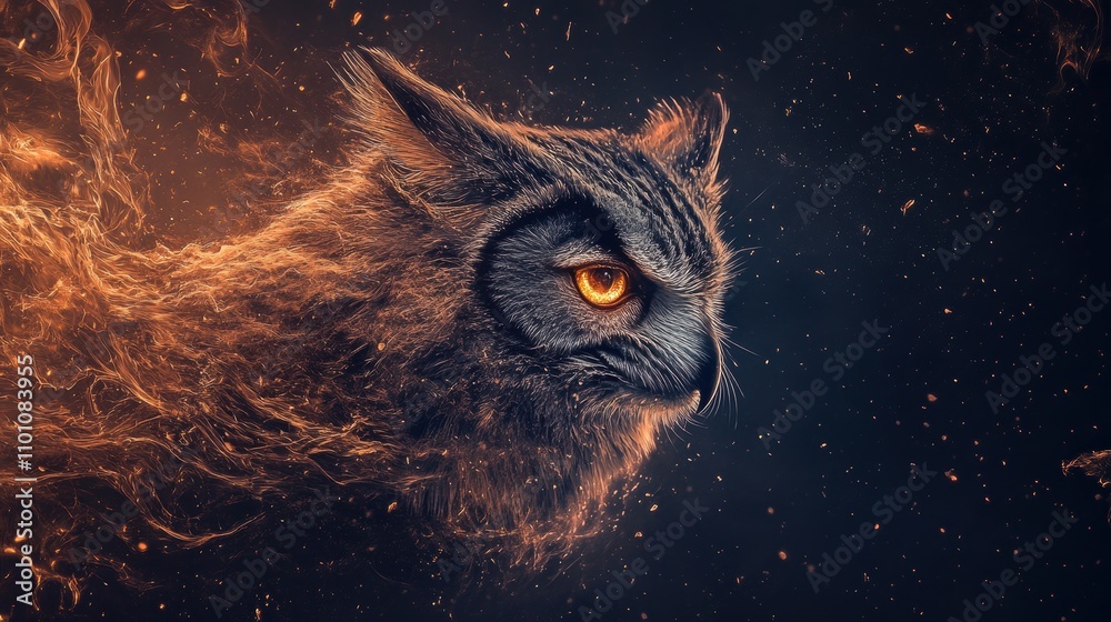 Poster a stylized owl with glowing orange eyes emerges from a smoky, ethereal background, creating a mystic