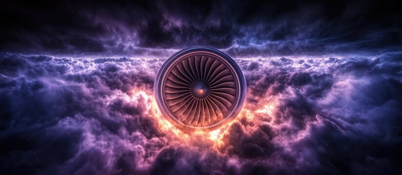 Turbofan engine fan blade close up dramatic background showcasing engineering design and technology in aerospace industry