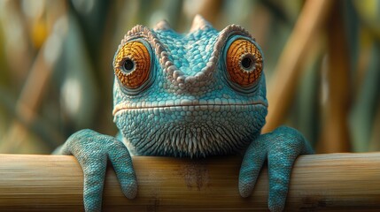 Closeup of a vibrant chameleon clinging to a bamboo wall with a softly blurred natural background highlighting its unique features