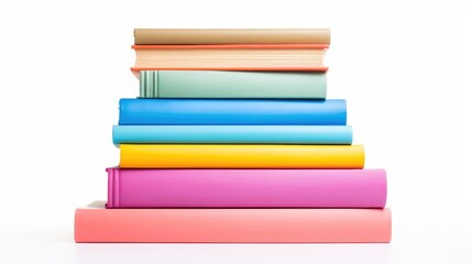 Fototapeta premium Colorful stack of hardback books arranged neatly on a white background showcasing vibrant colors and varied sizes for educational and decorative purposes