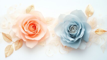 Minimalist pastel rose frame with watercolor roses and gold leaf accents on white background