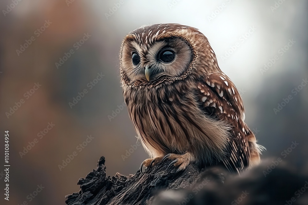 Poster a small owl perched on a branch, showcasing its distinctive feathers and large, expressive eyes agai