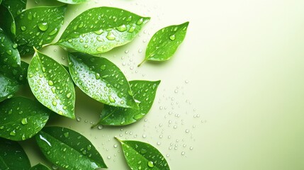 Lush green leaves with water droplets arranged artistically, forming a refreshing natural backdrop with ample negative space for text placement.
