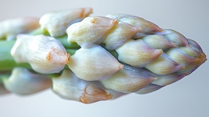Close up of fresh green asparagus spears with delicate tips against a clean white background showcasing their vibrant color and texture.