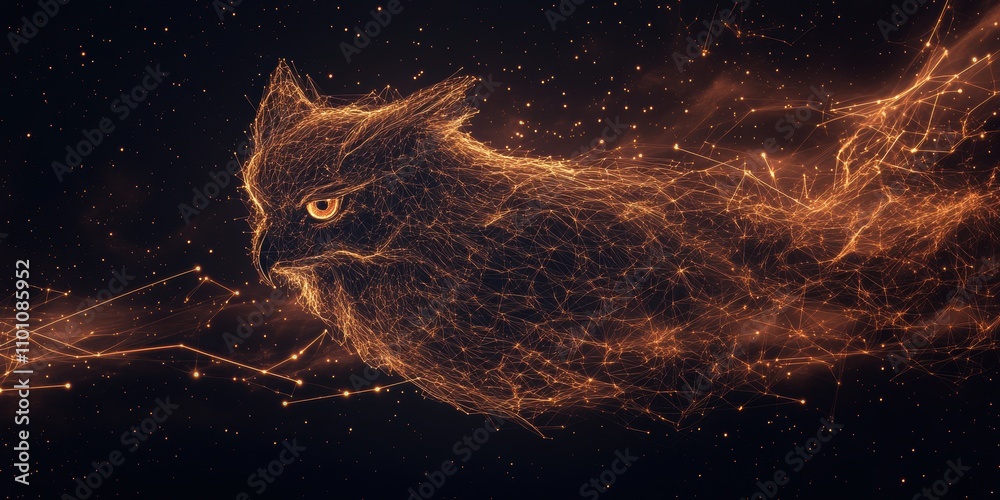 Poster a mystical, glowing representation of a bird, resembling a phoenix, crafted from particles and light