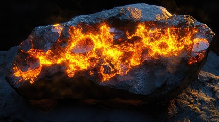 Luminous molten rock radiating fiery sparks with glowing particles and vivid embers, showcasing high-temperature geological phenomena.