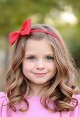Adorable Girl with Red Bow Headband Long Curly Hair Pink Outfit
