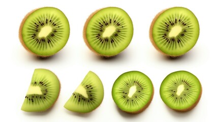 Fototapeta premium Kiwi fruit assortment featuring whole fruits and fresh sliced pieces arranged on a clean white background for culinary presentations.