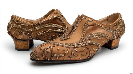Elegant women's gold tango shoes adorned with intricate beading perfect for stunning performances and dance competitions.