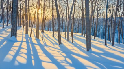 Sunrise in a snow-covered forest with long shadows cast by leafless trees on a snowy hillside.