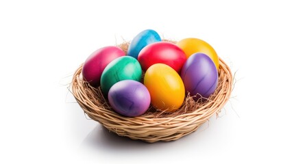 Colorful Easter eggs in a woven basket with straw isolated on a clean white background symbolizing spring celebration and family traditions