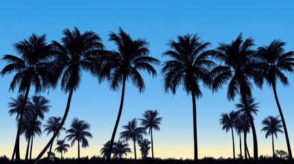 Obraz premium Silhouetted palm trees against a gradient sky transitioning from blue to light yellow at dusk, viewed from a low angle perspective.