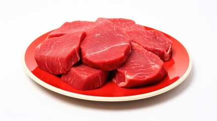 Raw beef fillet medallions displayed on a vibrant red plate against a clean white background ideal for culinary or food marketing purposes